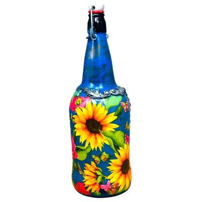 Hand Painted Decoupaged and Molded Clay Grolsch Style Glass Bottle Poppy and Sunflowers 12 in x 4 in - image3